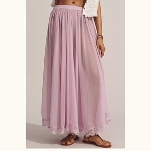 By Anthropologie Sheer Maxi Skirt Floral Cutwork High Low Pull-on XL New 281276